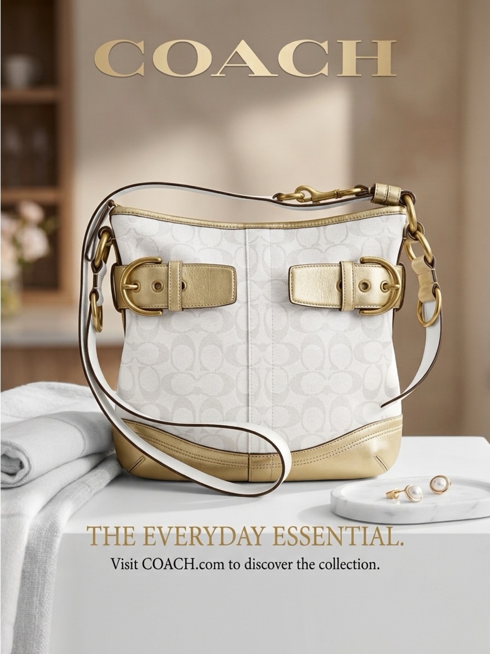 Coach Vintage Signature Soho Convertible Crossbody Bag - Metallic Gold & Cream
